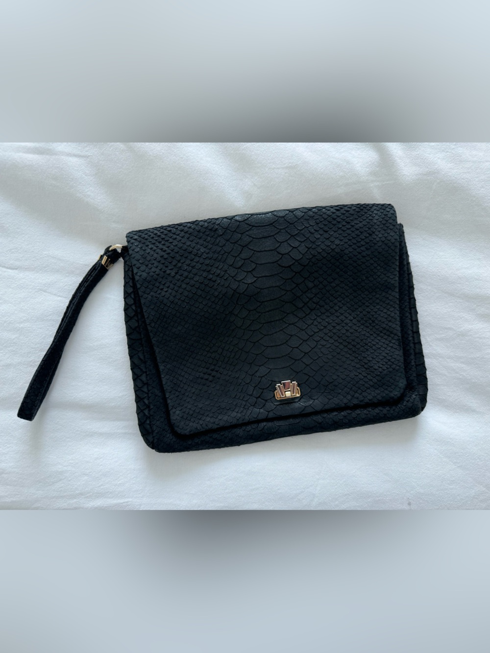 Vintage Henri Bendel Black Snake Embossed Leather Clutch Wristlet Purse Handbag